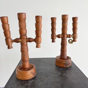 Vintage Pair of primitive wooden candleholders
